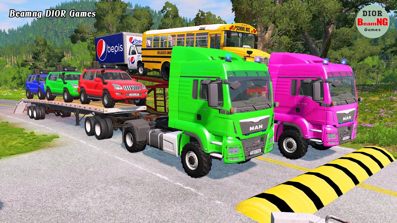 Double Flatbed Trailer Truck vs speed bumps|Busses vs speed bumps|Beamng Drive|1119