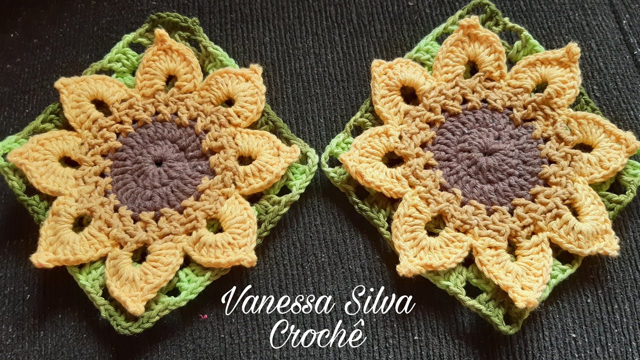 Square de crochê Girassol ♡ Para aplicação em Tapetes de Crochê