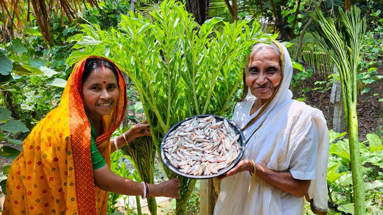 ওল গাছের ডাটা দিয়ে তাজা মোড়োলা মাছের রান্না সঙ্গে ওল পাতা বাটা রেসিপি | Elephant Foot plant recipe