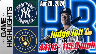 New York Yankees vs Milwaukee Brewers [TODAY Highlights] April 28, 2024 | Judge's homers !