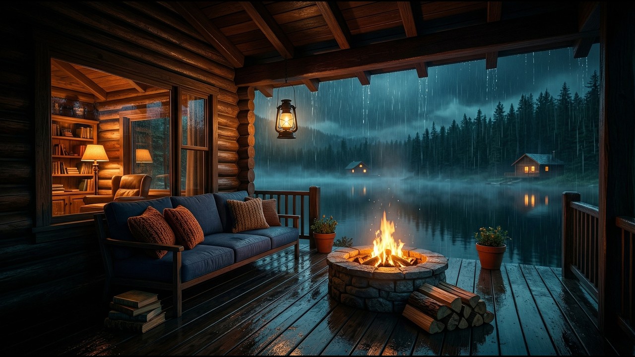 Cozy Cabin Porch Ambience | Heavy Rain & Crackling Fire Sounds for ...