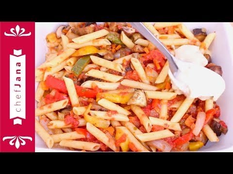 Vegan baked penne with roasted vegetables⎜tomato and white sauce