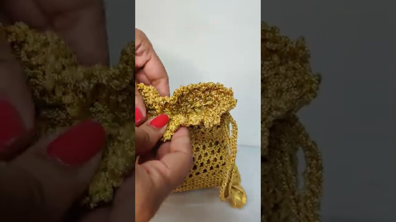 Golden Pouch Party Evening Purse Crochet Drawstring