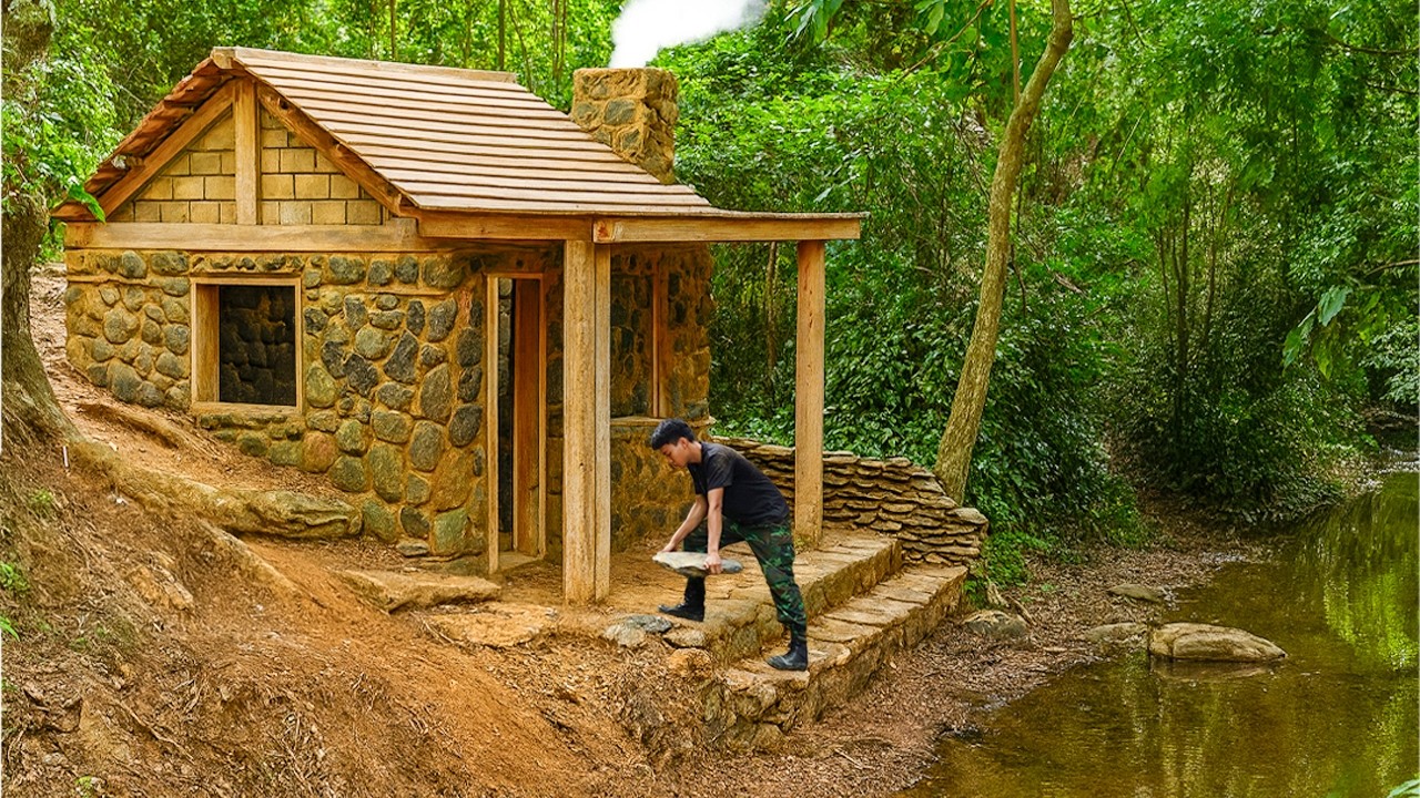 30 Days Solo Bushcraft, Building a Cozy House by the Stream, Catching and Cooking