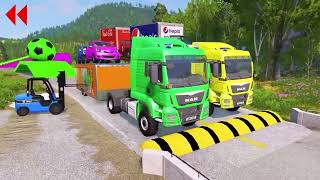 Double Flatbed Trailer Truck vs Speedbumps Train vs Cars Beamng.Drive #148 carry Nissan  , XC40
