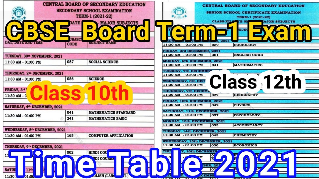 CBSE Board Term 1 Exam Time Table 2021 ।Cbse released schedule of examination for term-1exam 2021-22