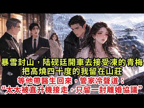 暴雪封山時，陆砚廷開走唯一一輛越野車去接受凍的青梅，把高燒四十度的我留在山莊。等他帶醫生回來，管家冷聲道：“太太已經被娘家直升機接走，離婚協議也送到你郵箱了”#復仇#情感#爽文#逆襲#大女主