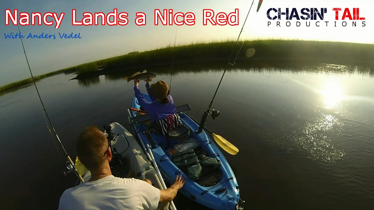 Kayak Fishing: Nancy Lands a Nice Red - Shell Beach - GoPro 1080P