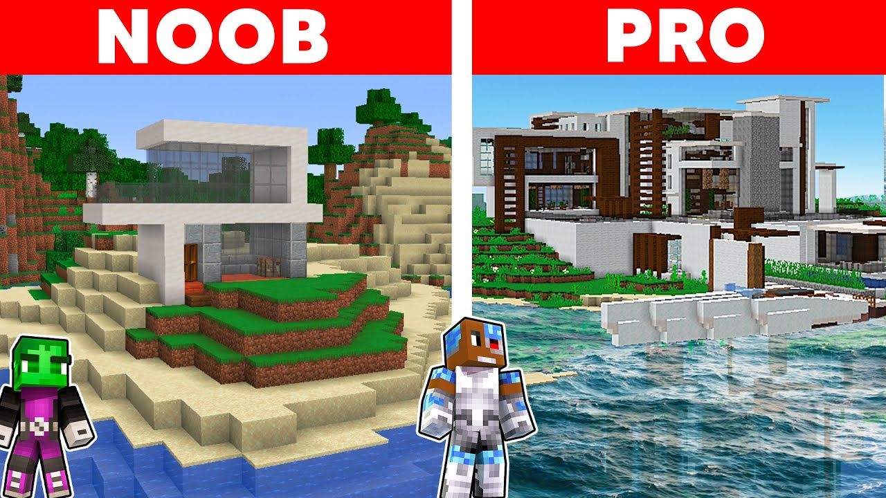 NOOB vs PRO: MODERN BEACH HOUSE in Minecraft Build Battle! (Teen Titans GO Challenge)