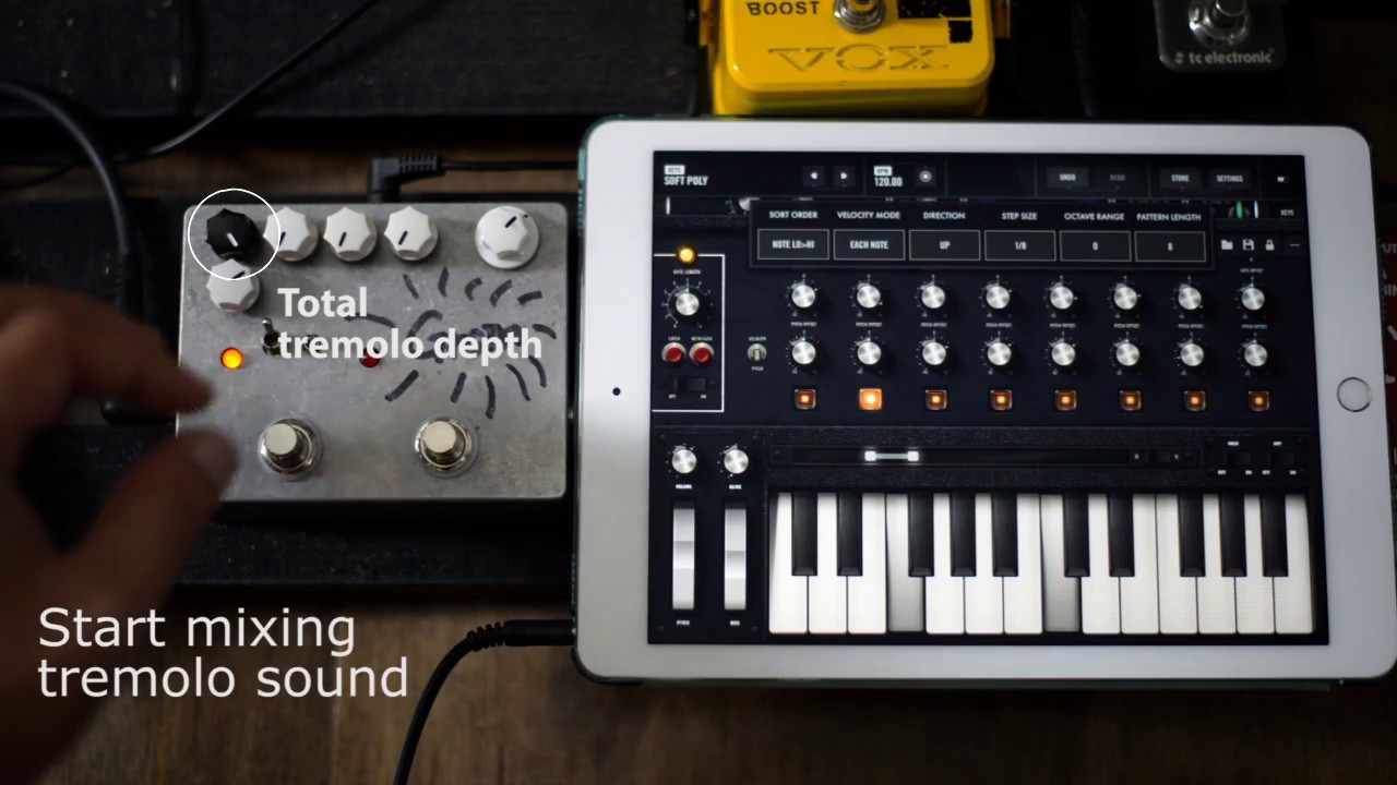 Nunomo LLC : Grain "Crazy fast tremolo" guitar pedal demo with Moog Model 15