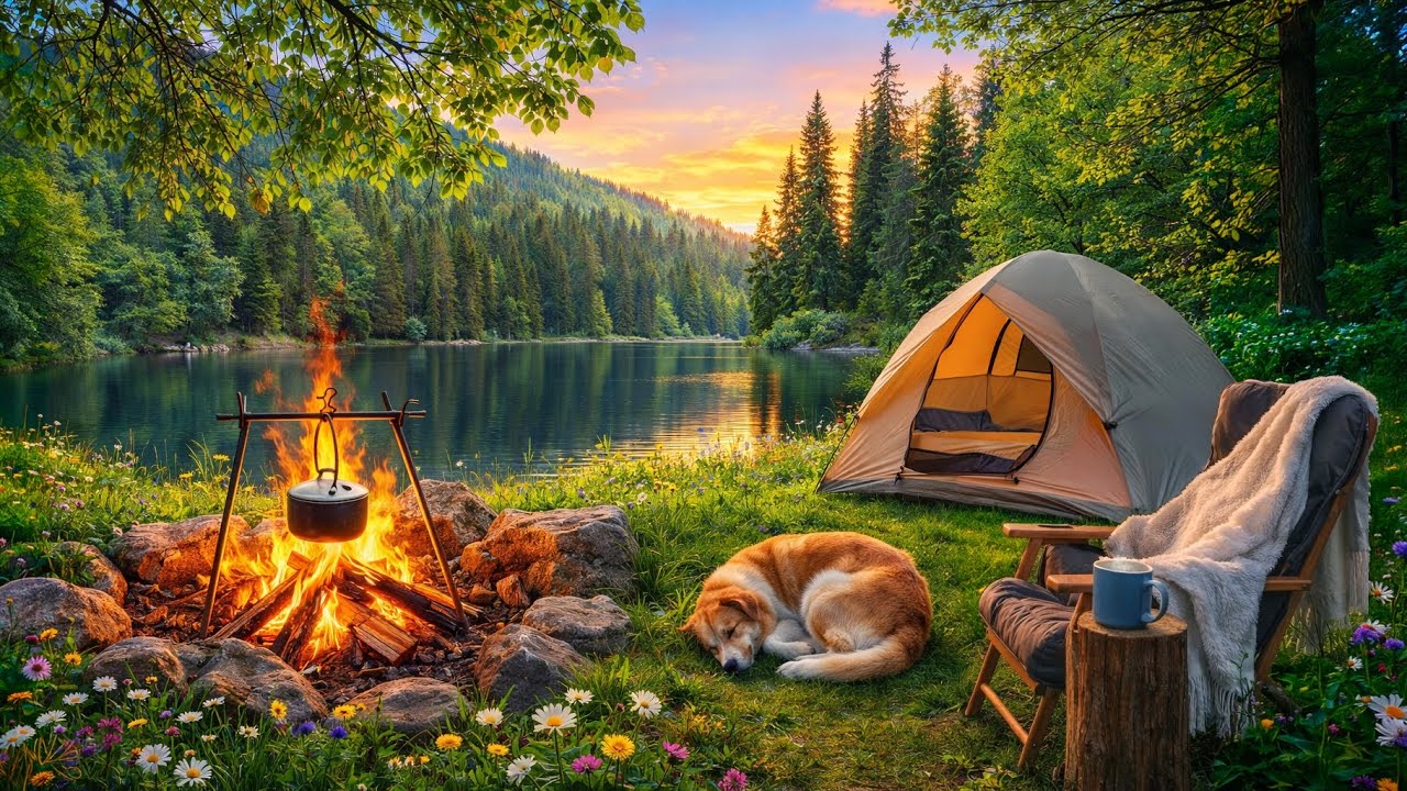 Peaceful Lakeside Camping at Sunset 🔥 Cozy Campfire, Sleeping Dog & Nature Sounds Ambience