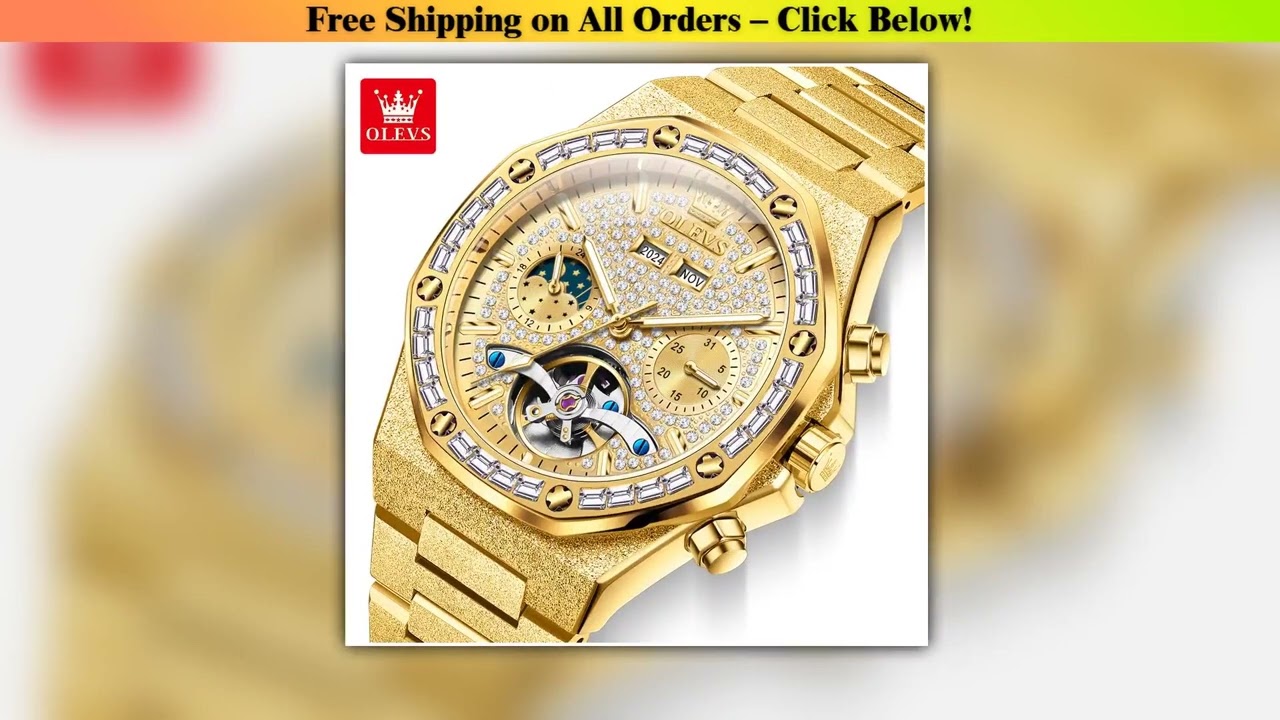 OLEVS Tourbillon Mechanical Mens Watches Top Brand Fashion Luxury Gold Stainless Steel Automatic