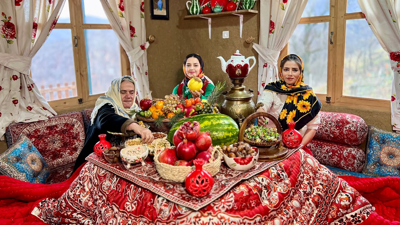 Yalda Night Celebration in a Mountain Village | Stuffed Chicken, Fruits, and Nuts