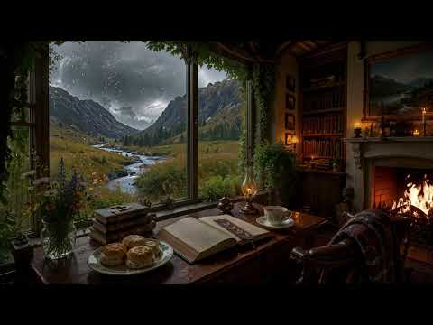 Cozy Highlands Gothic Library 🌧️ & Stream: Rainy Day, Celtic Fiddle Music & Fire | Dark Academia