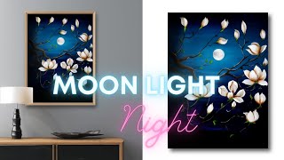 Magnolia Painting : Tree of flowers in Moonlight Acrylic Painting moon light night