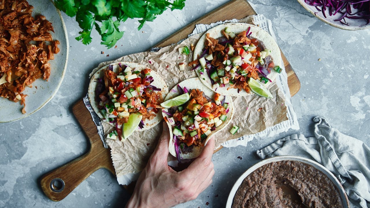 Vegan Spicy Jackfruit Tacos with Refried Beans and Apple Salsa