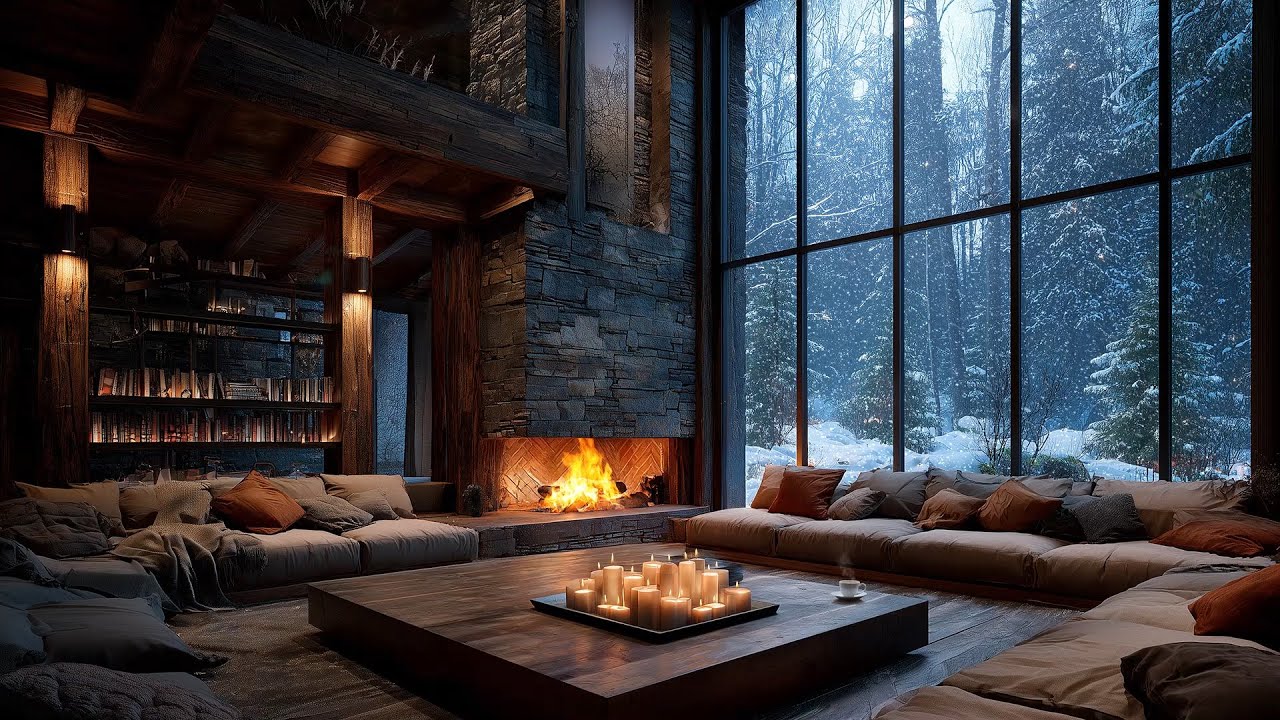 Cozy Winter Cabin Ambience ️ Crackling Fireplace & Falling Snow ...