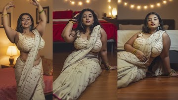 Parchment White Crepe Silk Saree Lookbook | Digital Print Saree Styling & Elegant Blouse Design