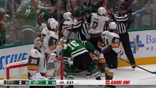 Vegas Golden Knights vs. Dallas Stars scrum at the back of the net