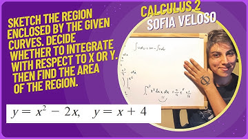 6.1.8 Sketch the region. Decide whether to integrate with respect to x or y. y = x^2 - 2x, y = x + 4