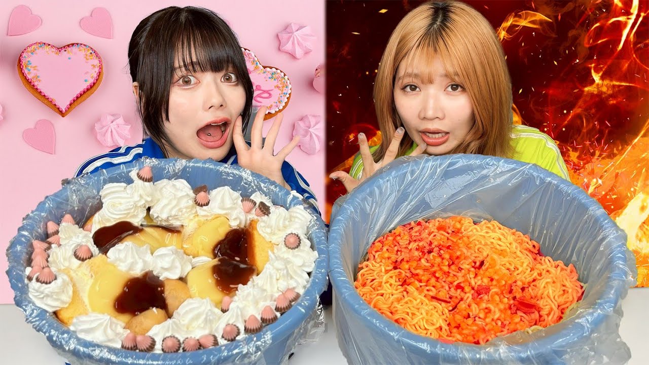 バケツ１杯の激甘パフェと激辛ラーメンで早食い対決したらしんどすぎた…。