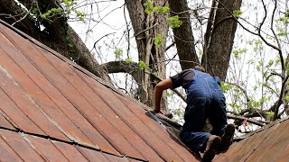 Inspecting Chimney On 140 Year Old House Roof And Cutting Limbs