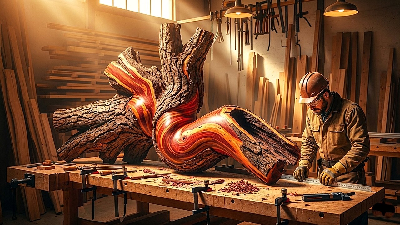 From the Difficult-to-Work-on Crooked Tree Trunk to Incredible Woodworking Art by Talented Carpenter