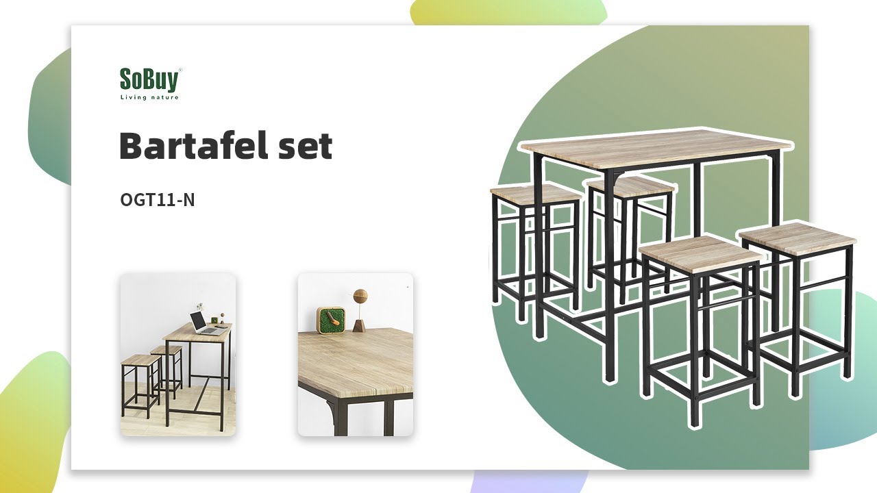 SoBuy Bartafel Set van 1 Tafel 4 Barkrukken, Barkrukken met Voetensteun voor Bar en Bistro, Hoge Keukentafel voor Staand Eten, Grijs, OGT15-HG