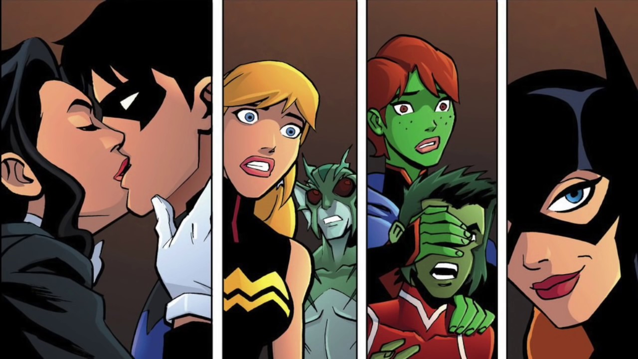 young justice batgirl and nightwing kiss