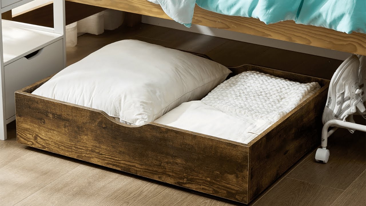 Must Have Dorm Essentials - The Storage MAX - Underbed Wooden Organizer  With Wheels - Dark Wood, image size:1280x720