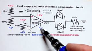 Dual supply op amp inverting comparator circuit using JRC4558D and LEDs electronics demonstration