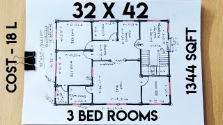32 x 42 sqft 3 bed rooms house design II 32 x 42 ghar ka naksha II 32 x 42 house plan