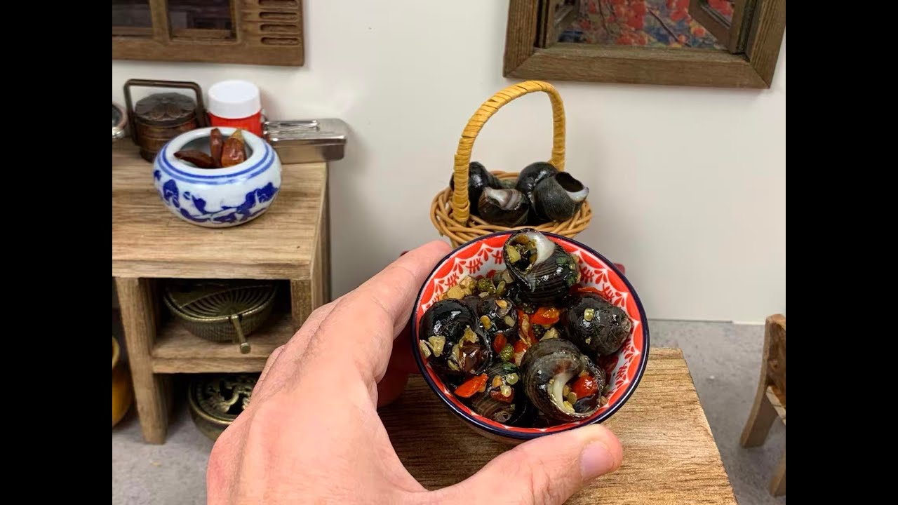 Stir Fry River Snails Asian Spicy Street Food Miniature Cooking