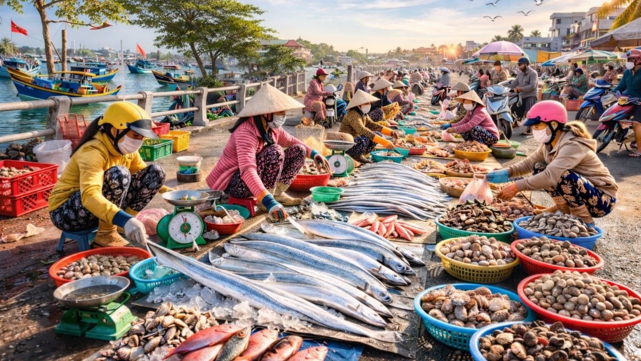 Bất ngờ không khí Mùng 4 Tết tại chợ cá Cầu Ké Phan Thiết, nhộn nhịp từ sáng sớm