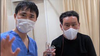 額リフト 手術翌日の腫れている状態。生え際を切開してシワを伸ばし、眉、まぶたをリフトアップしました。