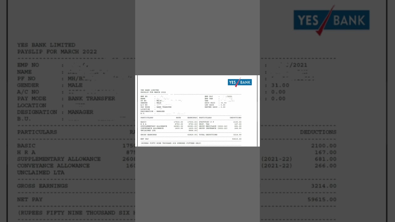 Yes Bank Manager Salary Slip | How much Does Manager make in Yes Bank 