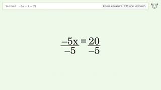 Linear equation with one unknown: Solve -5x+7=27 step-by-step solution