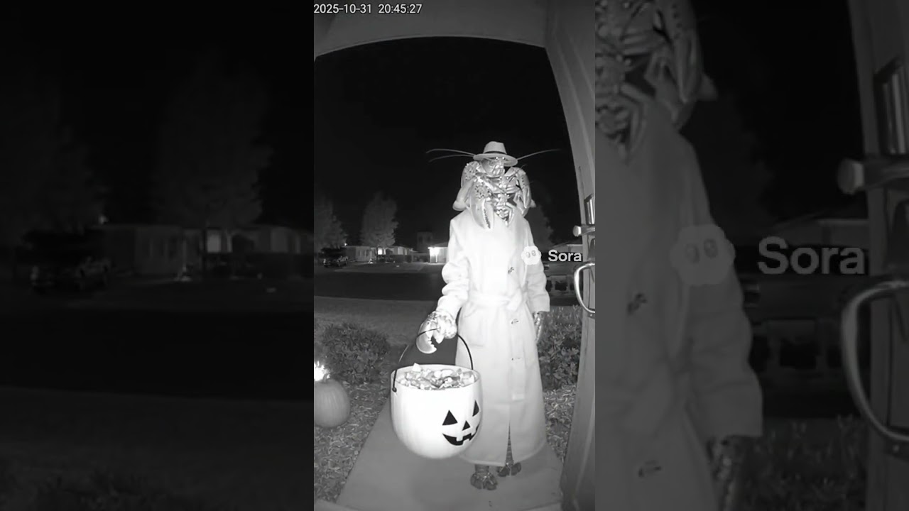 Creepy CCTV: Human Head with Crab Hand & Halloween Bucket at Door! 🕸️🎃