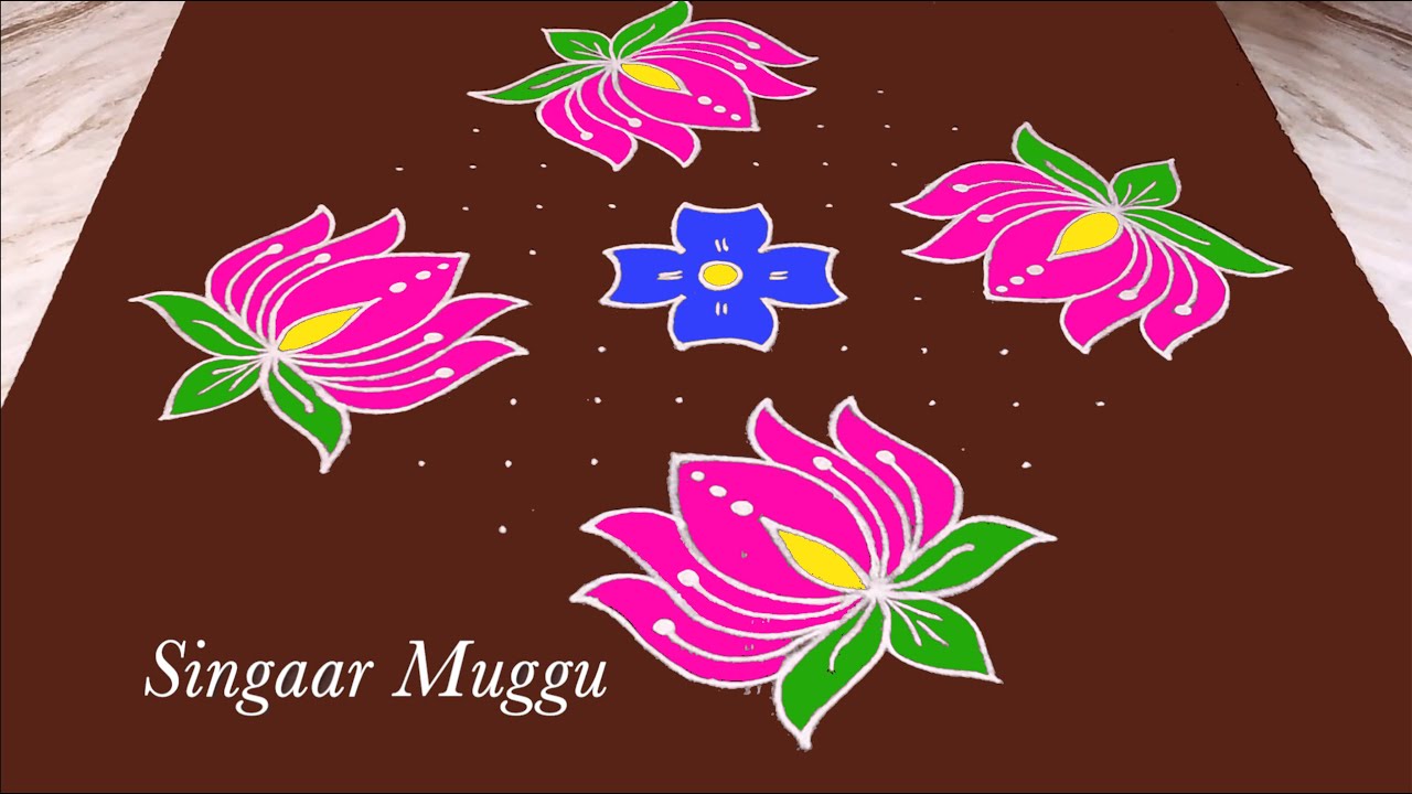 Simple lotus flower rangoli design 14X2 dots | Chukkala muggulu | Friday kolams | thamarai kolam