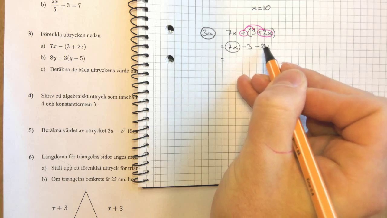 Matematik 1: Lösningar till prov i Algebra (uttryck och ekvationer)