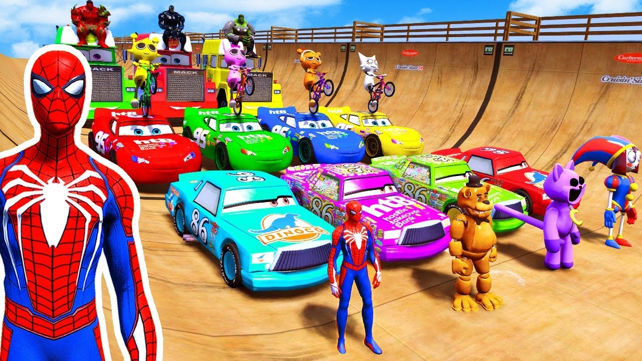 GTAV SPIDER-VERS: FNAF, THE AMAZING DIGITAL CIRCUS, POPPY PLAYTIME Join in Epic Stunt Race MEGA RAMP
