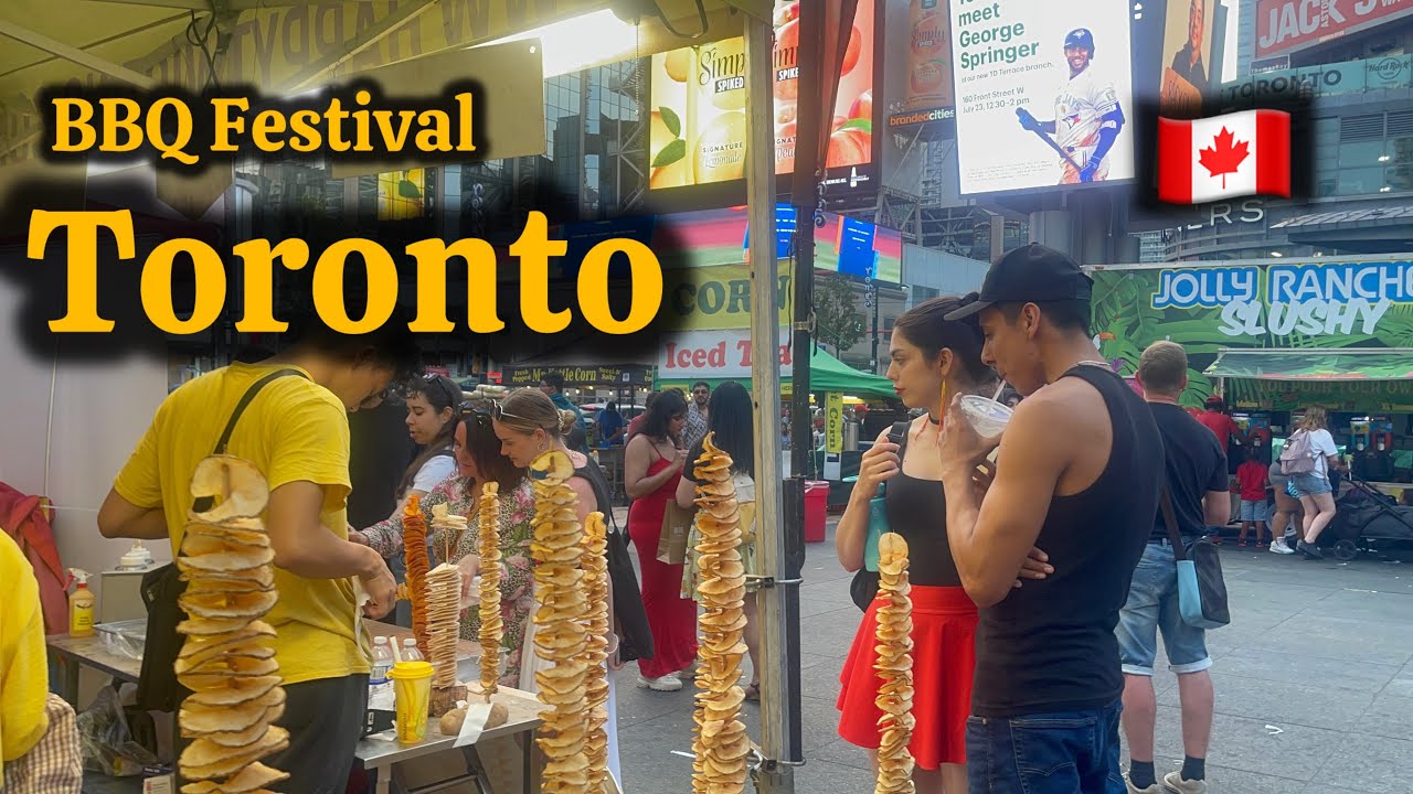 Canada Toronto Downtown walking tour 4 K 🇨🇦Dundas square BBQ Festival ...