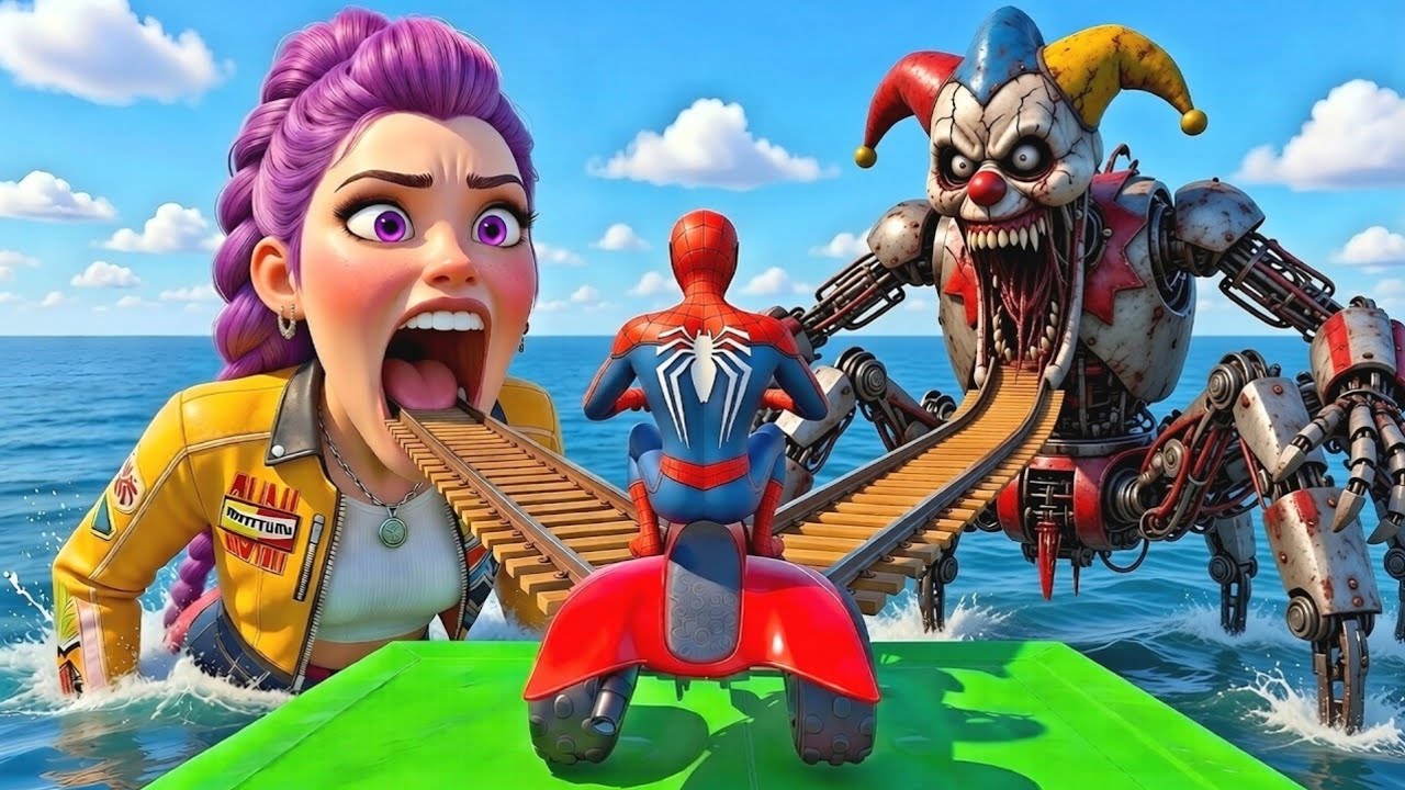 OMG! SUPERS against Big Spider Shark, Crazy Stunt Race in GTA V on Cars, Motorbikes and Quad Bikes!