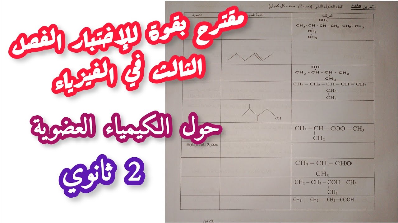 مقترح بقوة للإختبار الفصل الثالث في الفيزياء حول {الكيمياء العضوية}/2 ثانوي