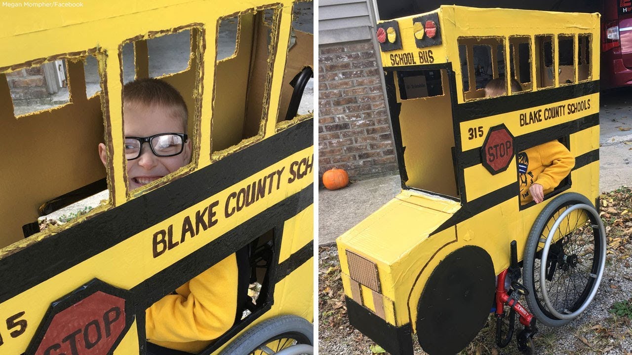 Wheels On The Bus Halloween Costume - Boy's Halloween bus costume is custom-built for wheelchair - YouTube Wheels On The Bus Halloween Costume - Boy's Halloween bus costume is custom-built for wheelchair - YouTube