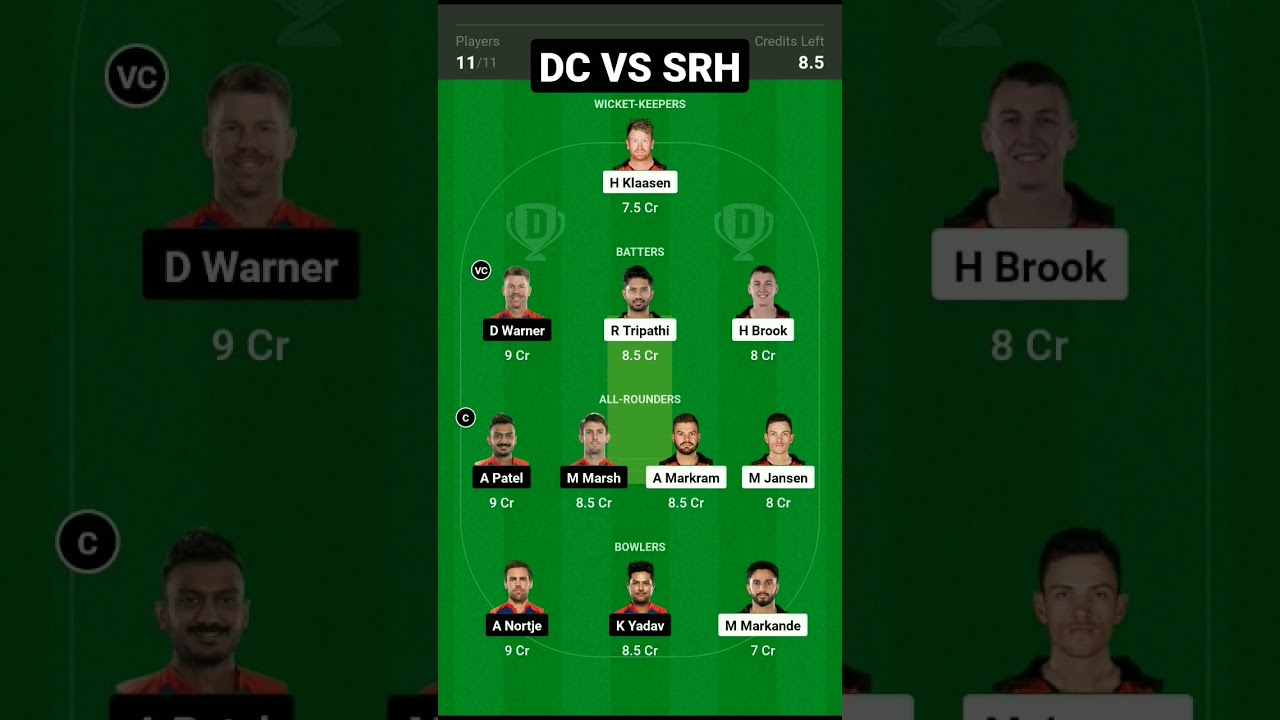 DC VS SRH Dream 11 Prediction 