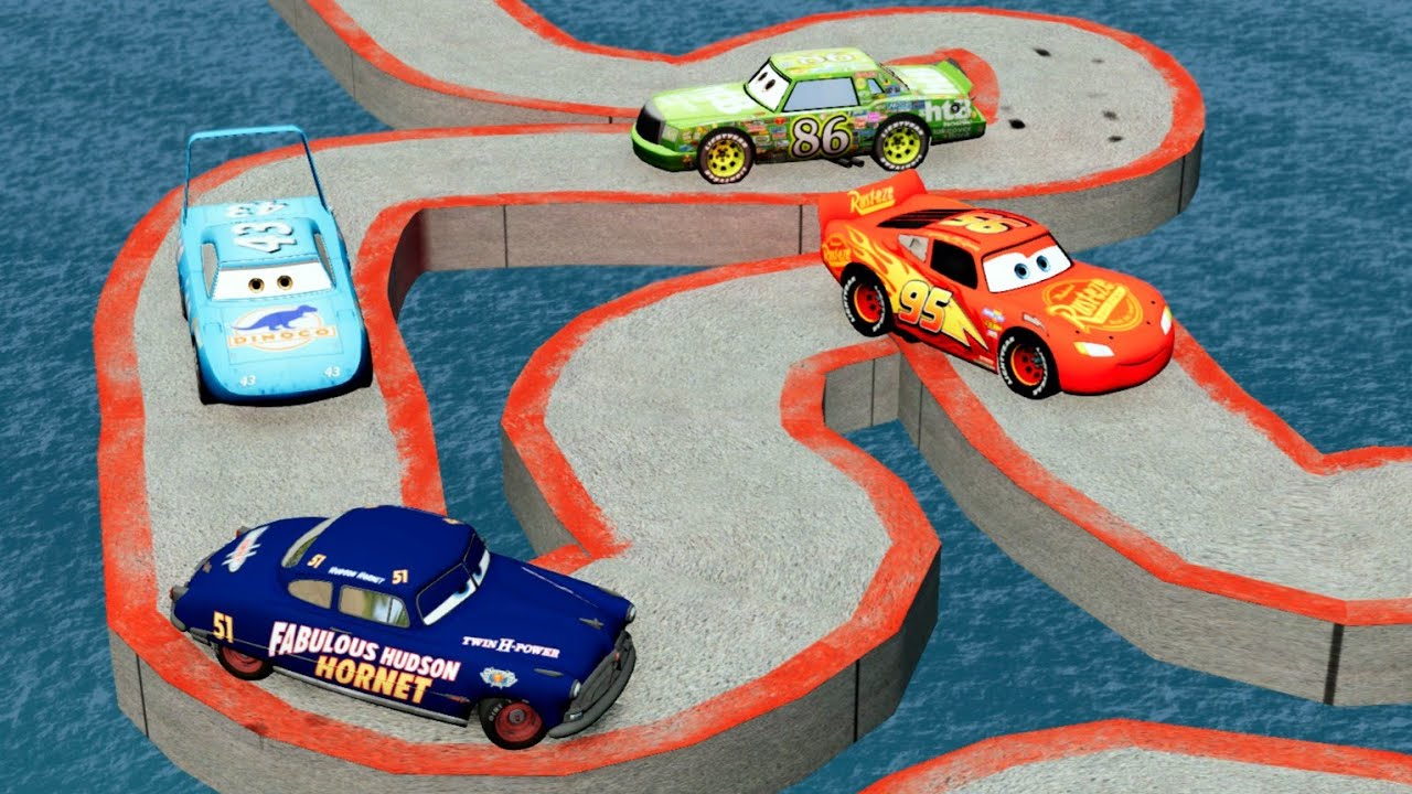 MC Queen vs King Dinoco  vs Impossible Spiral Bridge Vs Deep Water - BeamNG.Drive 