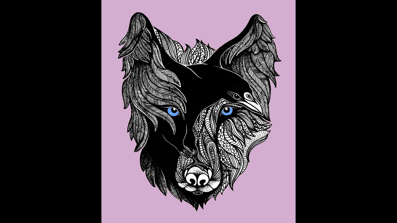 Тату эскиз волк с вороном
