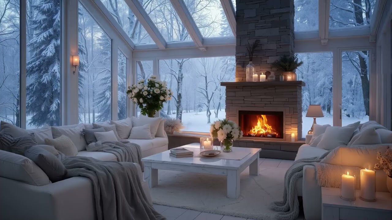 Snowy Cabin Ambience ❄️ Smooth Jazz Music & Cozy Crackling Fireplace Sounds for Relax, Sleep