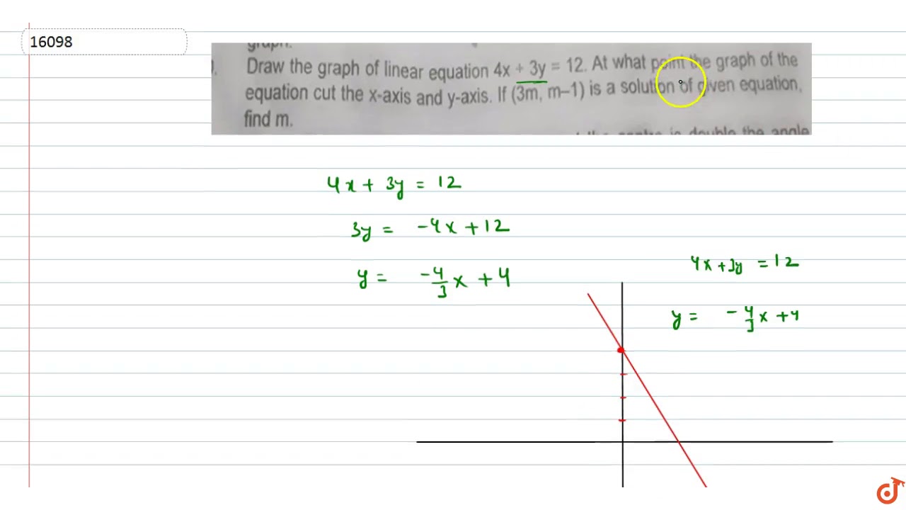 Draw The Graph Of Linear Equation 4x 3y 12 At What Point The Graph Of The Equation Cut The X Youtube